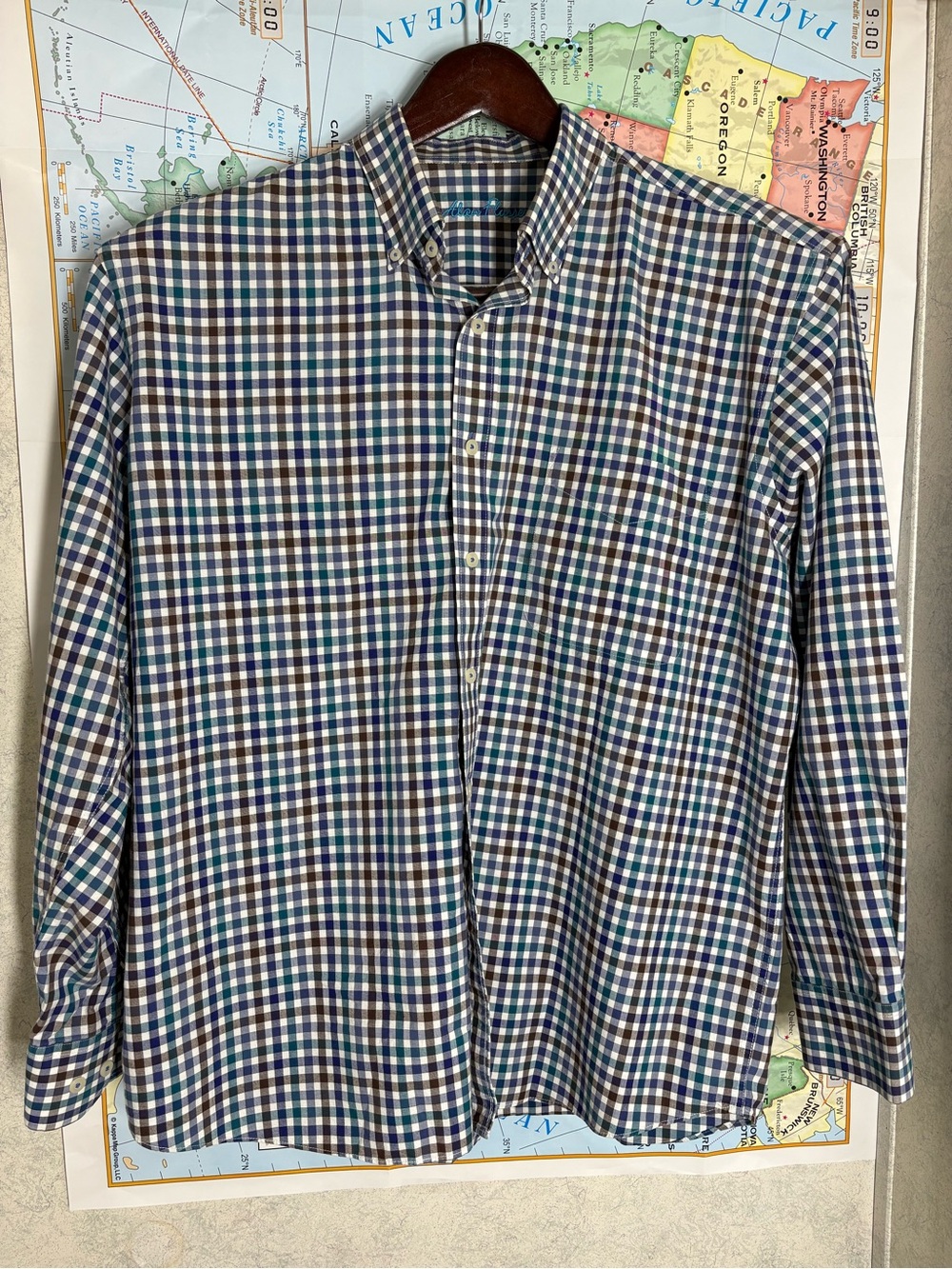 Alan Flusser Long Sleeve Dress Shirt Button Down XL Blue•Green•Brown Checkered